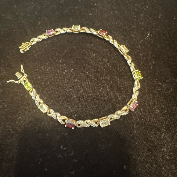 Gold Vermeil Multi Gemstone Chain Bracelet 8" Garnet Amethyst Topaz - Picture 2 of 7